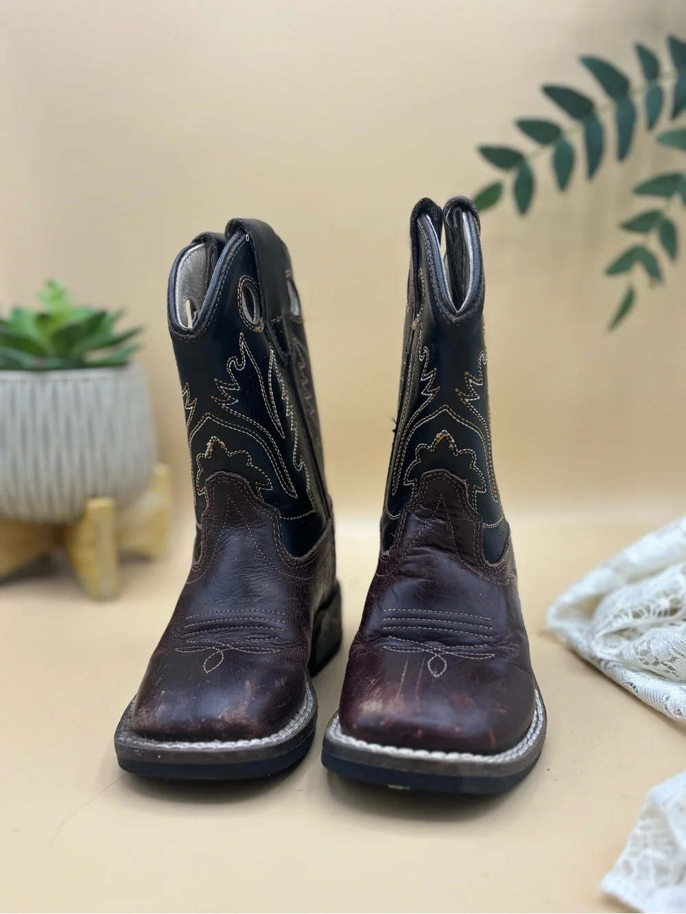 Old West Kids Cowboy Boots Size 4.5 Brown Black Leather Western Square Toe